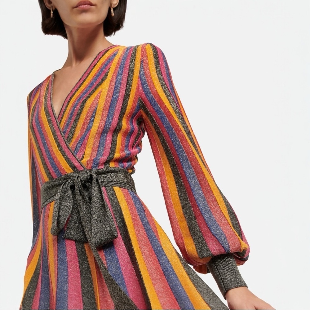 Rebecca Vallance Marsha Metallic Knit Wrap Long Sleeve Cocktail Mini Dress NEW - Picture 5 of 14